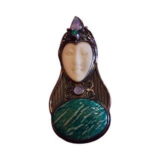 Vintage Sajen 925 Sterling Huge Semi Precious Goddess Brooch Pendant (A2121)